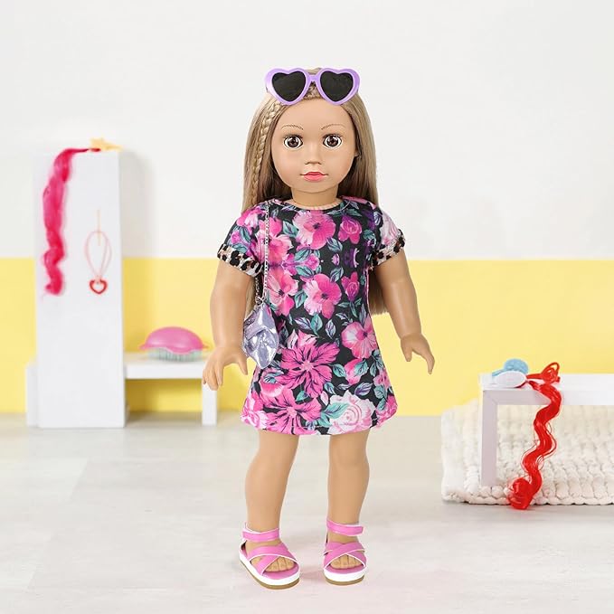 American 18 Inch Doll Makeup Accessories and Clothes,Messenger Bag Set for 18 Inch Dolls Include Sunglasses Phone Lipstick Eyelash Brush Eye Shadow Blusher Butterfly Hair Clip and Shoes