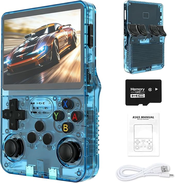 Retro Handheld Game Console R36S, 3.5-Inch HD IPS Screen 3200mAh Battery, 128G Built-in 20000+ Games 20+ Emulators, HDMI TV Output for Classic Game Play (Transparent Light Blue +128G)