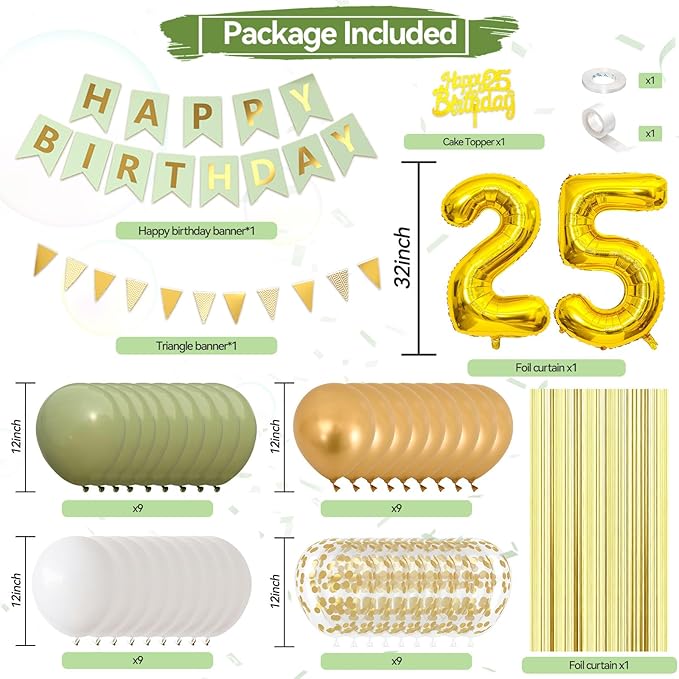 25th Birthday Decorations, Sage Green And Gold Happy Birthday Party Decorations With Number 25 Balloons Olive Green Gold Confetti Balloons Fringe Curtain Banner Cake Topper For 25th Party Supplies