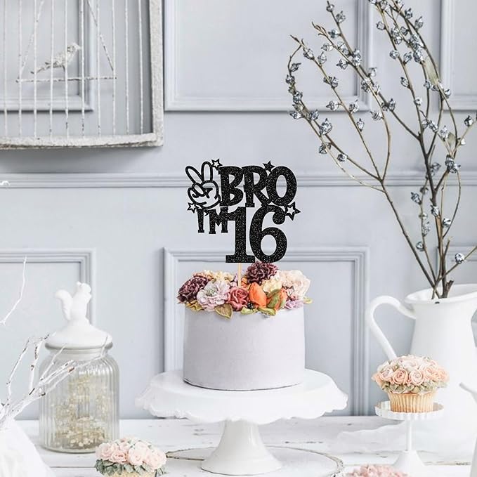 1 PCS Brother I'm 16 Cake Topper Glitter Star Happy 16th Birthday Cake Pick Bro I'm 16 Cake Decoration It's My 16th Birthday Decorations for Boys Cheers to 16 Years Old Birthday Party Supplies Black