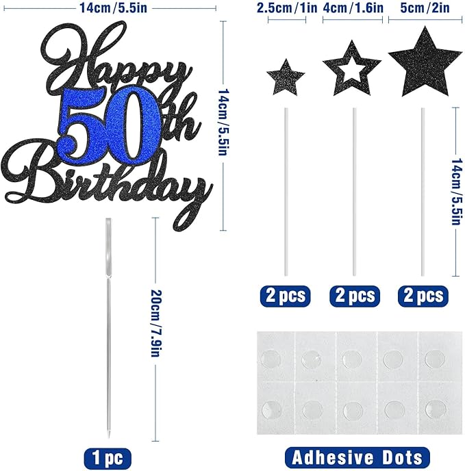 Happy 50th Birthday Cake Toppers, Black Blue Glitter Cake Decorations Set, 50th Birthday Decor, Birthday Anniversary Party Decorations Supplies