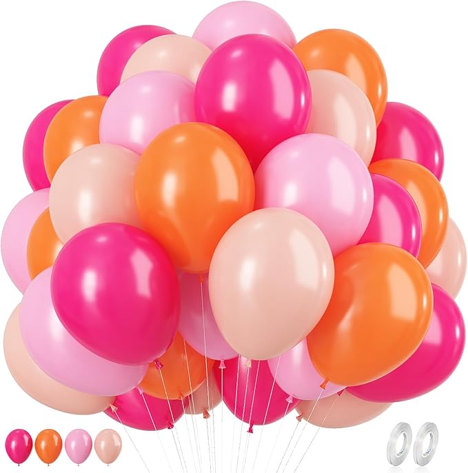 Pink and Orange Balloons, 60 Pcs Hot Pink Orange Balloons, 12 Inch Latex Balloon for Birthday Bridal Shower Wedding Engagement Thanksgiving Summer Party Decoration Supplies