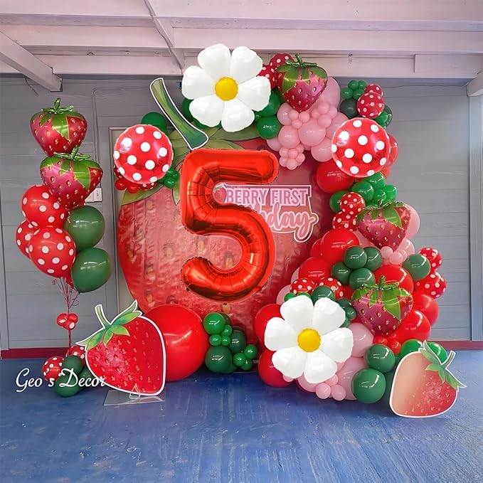Strawberry Balloons Fifth Birthday Decorations for Girl, 40 Inch Mylar Red Number 5 Balloons, Strawberry Balloon for Strawberry Party Decorations, Strawberry Themed Party