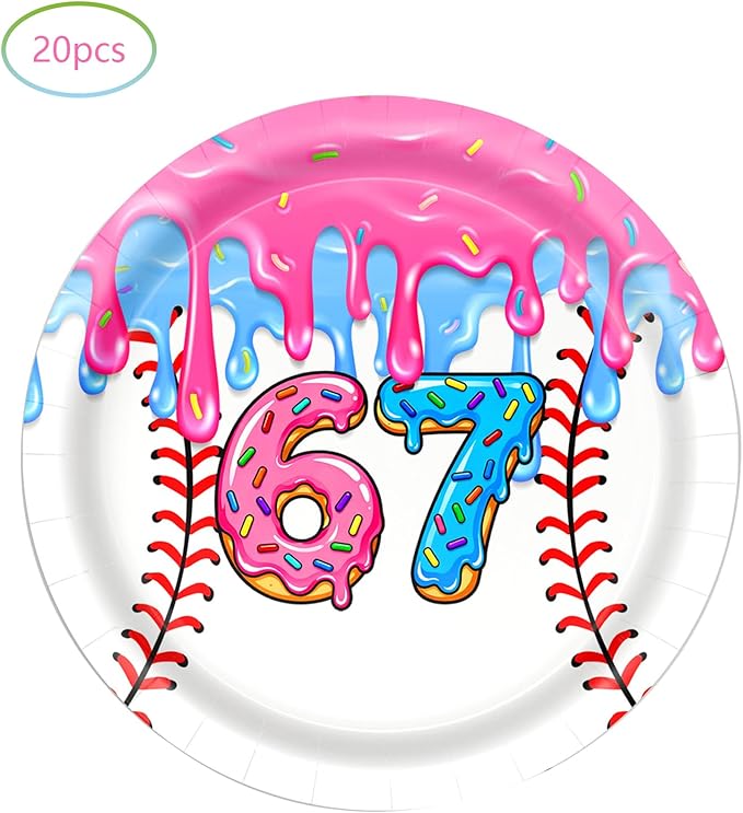 6 7 Birthday Party Supplies, include 20 Plates and 20 Napkins, for 6 7 Ice Cream Drip Baseball Six Seven Birthday Party Decorations