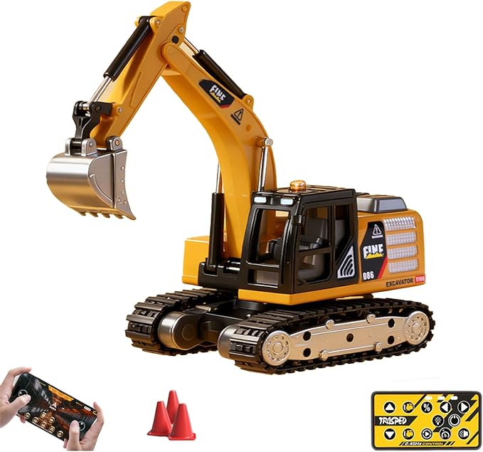 RC Excavator, 1/64 Scale Metal RC Truck, 2.4GHz Construction Vehicle with Sounds & Light, Dual Speed, APP Control, Hobby Toy for Adults and Kids