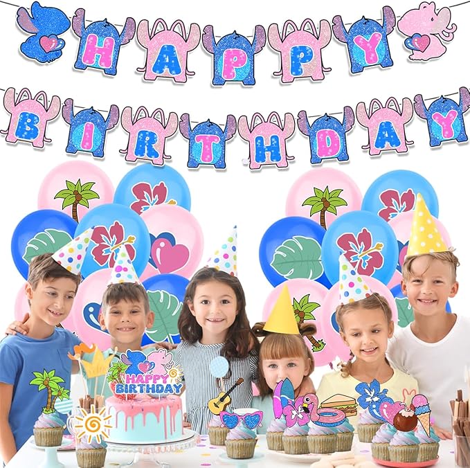 Cartoon Blue Birthday Decorations,Tropical Luau Party Supplies Includes banners,Balloons,Cupcake Toppers and Cake Toppers