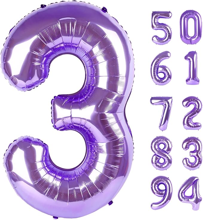 Purple 3 Balloon, Number Balloon 40 Inch, 3rd Three Year Old Birthday Deco, Purple Party Supplies for Party Decorations, Number 3 Balloon