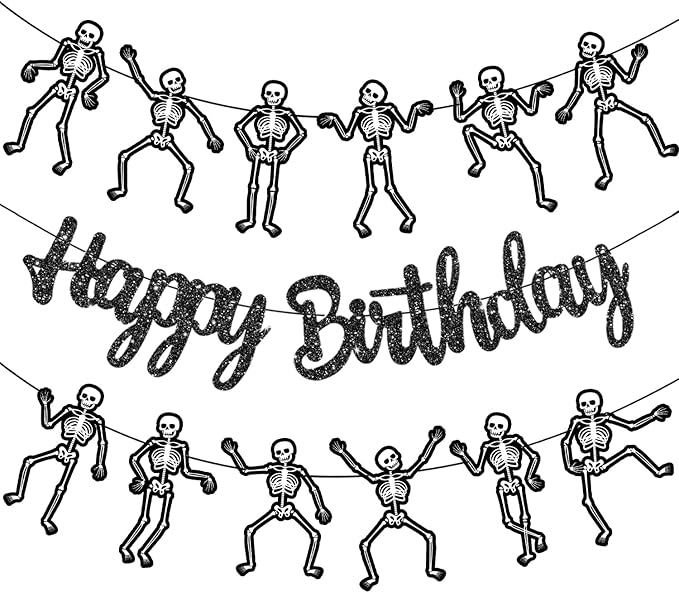 Skeleton Birthday Party Banner Halloween Party Decorations Dancing Skeleton Cutout Banner Glitter Black Skull Party Decoration for Halloween Holiday Celebration Supplies