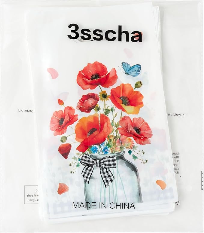 3sscha 50Pcs Red Poppy Party Favor Bag - Flower Butterfly Plastic Waterproof Goodie Bags Spring Summer Bloom Floral Rectangular Treat Bags for Birthday Party Decoration Supplies