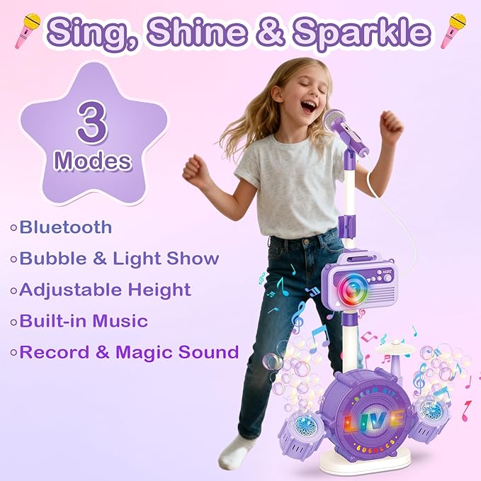Bluetooth Kids Karaoke Microphone with Adjustable Stand, Karaoke Machine for Kids with Bubble Maker，Vioce Changer, Colorful Lights - Microphones for Singing Christmas, Birthday Gifts for Girls