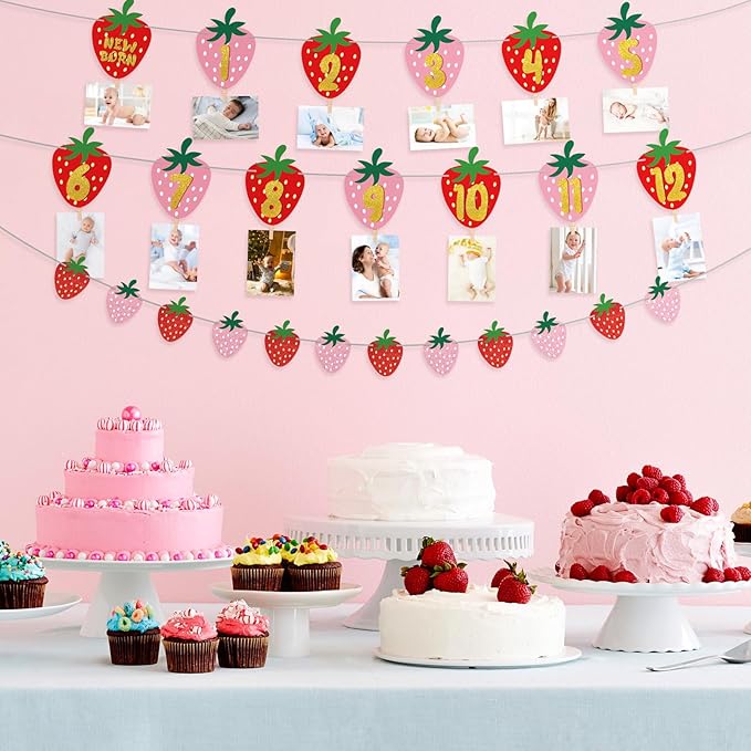 Strawberry First Birthday Party Decoration Berry 1st Monthly Photo Banner Milestone Photograph Bunting Garland for Baby Girl 12 Months Photo Display Baby Shower Berry Party Decorations Supplies