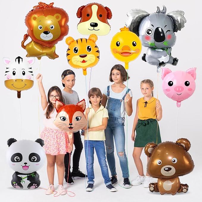 10 Pcs Safari Animal Balloons for Jungle Birthday Party Decorations - Giant Elephant, Lion, Monkey, Panda, Zebra Foil Balloons for Boys Wild One Baby Shower Zoo Party