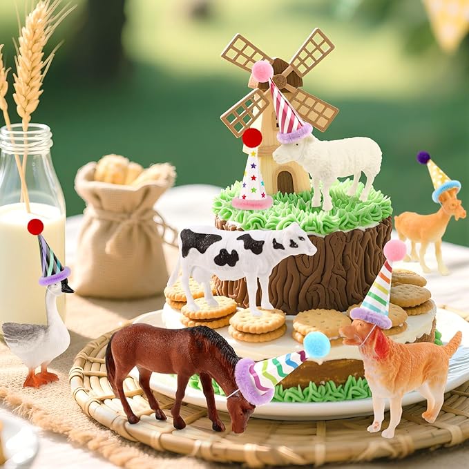 Hooqict 20Pcs Farm Animal Cake Toppers Animals Figures with Mini Party Hats Birthday Cake Decorations for Farm Birthday Party Decorations Favors Supplies