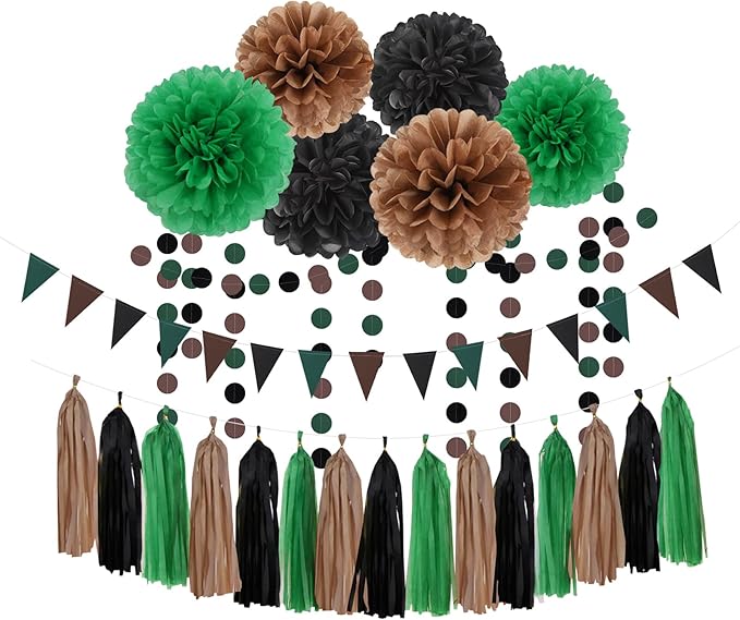 Green Black Brown Party Decorations - 23pcs Tissue Pom Poms Streamers,Football Woodland Baby Bridal Shower Tassel Garland Banner,Superbowl Birthday Hunting Camp Forest Jungle Decor Backdrop Ouruola