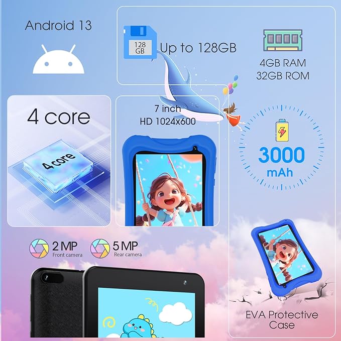DigiLand 7 inch Kids Tablet, Quad-core CPU, 4GB+32GB+TF Expand,Dual Camera 2MP+5MP,Safety Eye Protection,Education,Tablet for Toddle with WiFi,Games,Parental Control APP,with Proof Case(Blue)