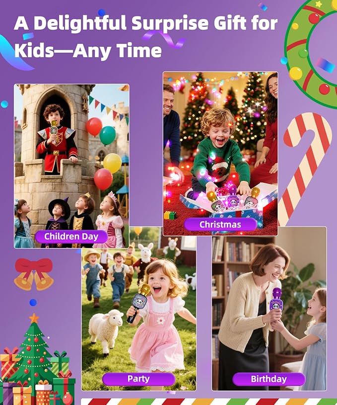 Bluetooth Karaoke Microphone Toy for Kids - Mini Portable Speaker with LED Lights, Wireless Pairing (TWS) for Duet Singing, Christmas Birthday Gift Toys for Boys & Girls Ages 2-12 (purple - 1)