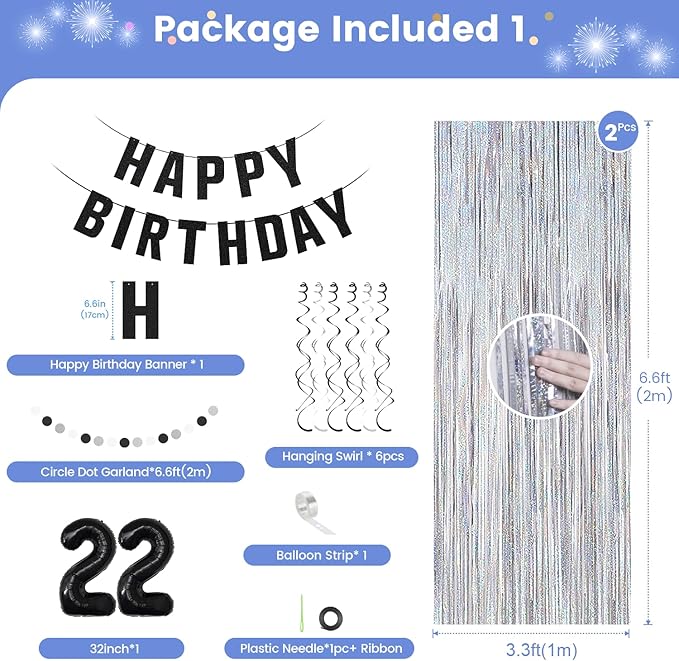 22th Birthday Decorations for Boys Girls, Silvery and Black Happy 22th Birthday Banner,Number 22 Balloons Arch Kit for 22 year old Birthday Party Decorations