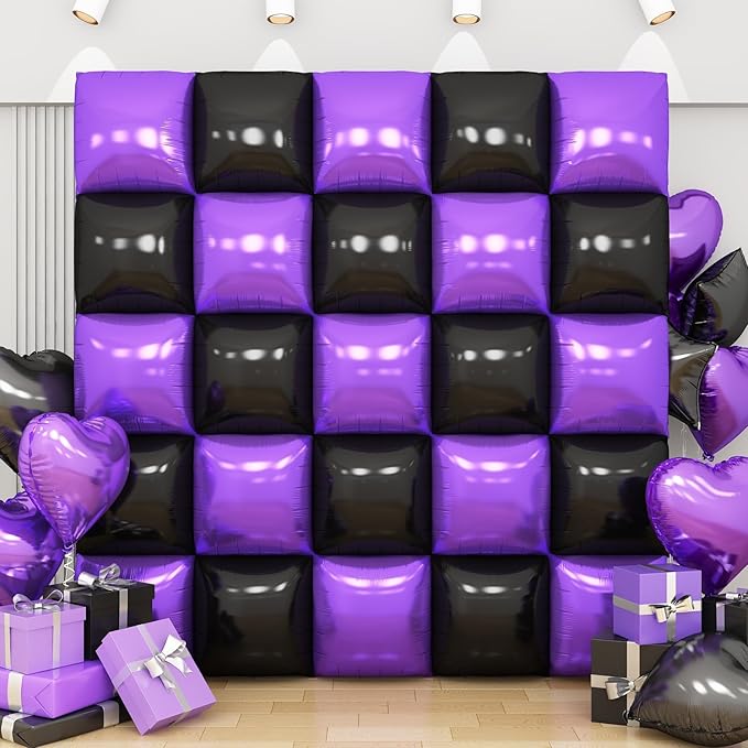 Black Purple Square Foil Balloon Wall,25Pcs Double Sided Foil Balloons Backdrop Helium Polyester Tunnel Arch Garland Kit for Birthday Bridal Anniversary Baby Shower Halloween Party Decorations