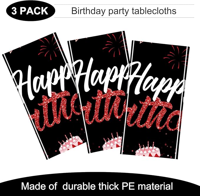 Breling Birthday Party Supplies Confetti Sprinkles Happy Birthday Tablecloths Starry Table Covers for Party Decorations, 54 x 108 Inches(Red and Black,3 Pack)