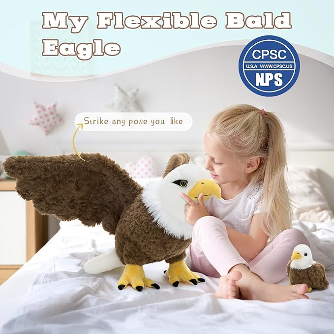 4Pcs Bald Eagle Stuffed Animal with Bendable Wings, 31.5 Inch Mommy Eagle Plush with 3 Chicks, Eagle Plushie Toy Gifts for Boys and Kids