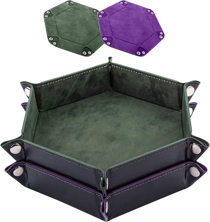 SIQUK 2 Pieces Dice Tray PU Leather Dice Trays Portable Folding Hexagon Dice Roller Tray for Dice Games Like RPG, DND and Other Table Games (Dark Green, Violet)