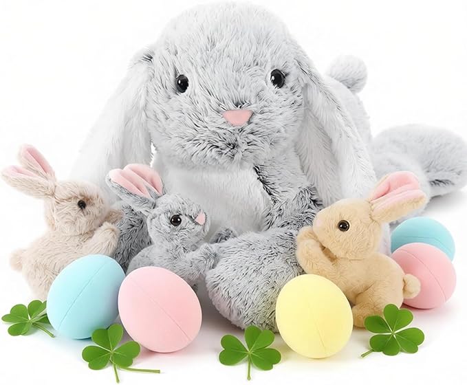 4Pcs Easter Bunny Stuffed Animal- 24" Big Stuffed Bunny Rabbit Plush Toy Gifts for Kids - Cuddly Mommy Bunny Surprise with 3 Small Bunnies Inside