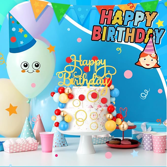 65 Pcs Cartoon Cake Topper Decoration Happy Birthday Cake Topper Red Blue Yellow Green Cartoon Themed Cupcake Decor for Baby Shower Anniversary Video Game Birthday Party Supplies
