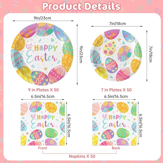150 Pack Easter Party Supplies Set, Happy Easter Dinnerware Set Includes Heavy Duty Dessert Dinner Plates and Luncheon Napkins for Spring Birthday Party Decorations Table Decor, Serves 50