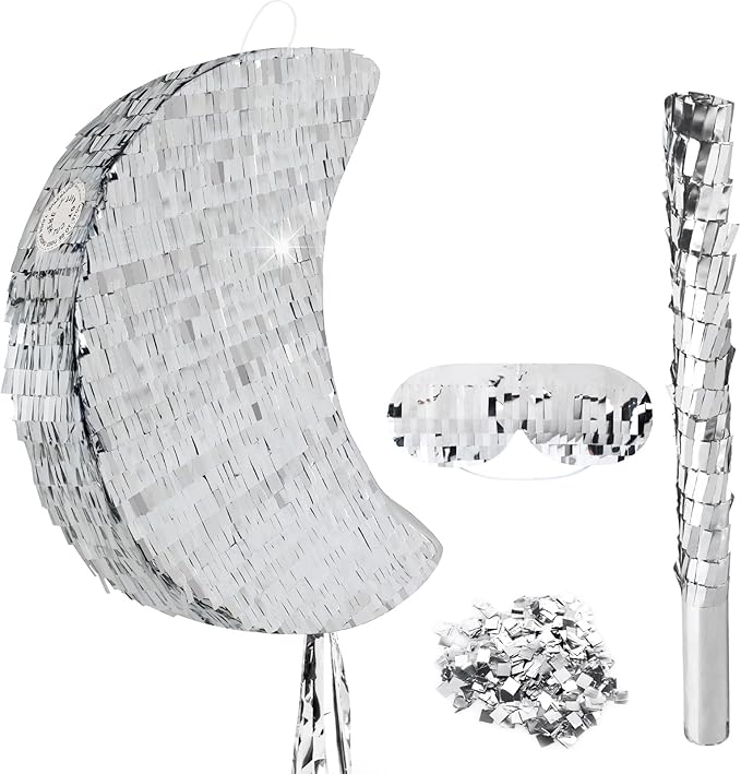 Silver Foil Moon Pinata with Stick and Blindfold Pull String Moon Pinata for Kids Birthday Party Decorations Baby Shower Gender Reveal Party Supplies