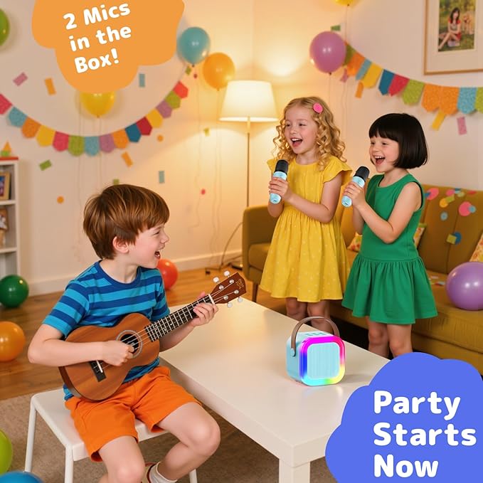 Fede Karaoke Machine for Kids Adults, Mini Karaoke Machine with 2 Wireless Microphones, Portable Bluetooth Speaker with Voice Changing Effects & LED Lights, Best Gifts Toys for Girls and Boys