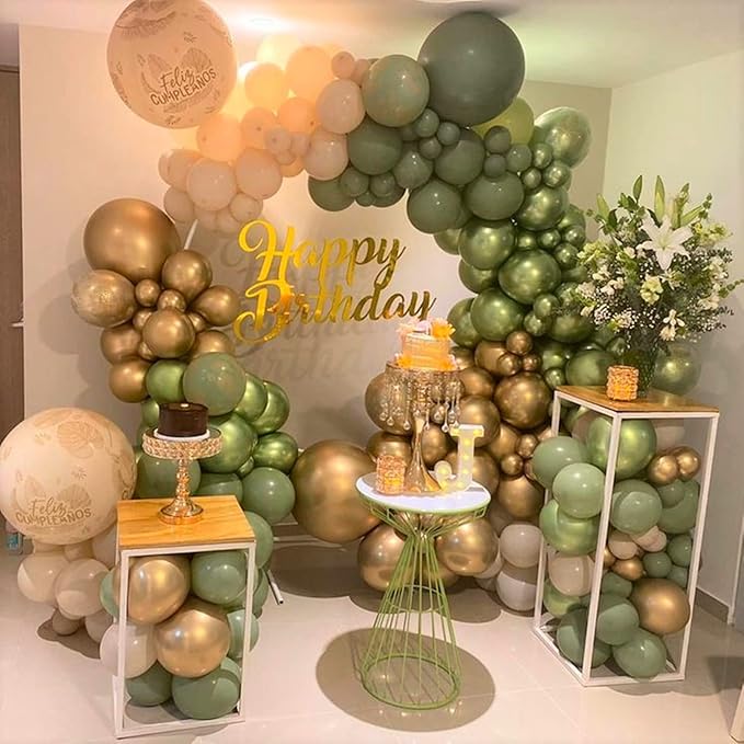 Sage Green Gold White Balloon Arch Garland Kit Metallic Lime Green Balloons Garland Olive Green Cream Ivory White Chrome Gold Latex Balloon Jungle Animal Birthday Tropical Dinosaur Party Decorations