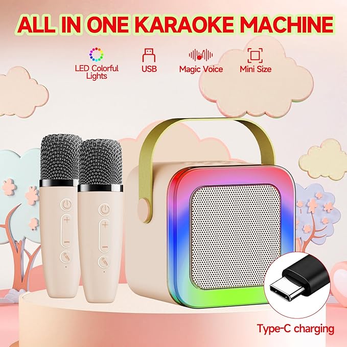 Karaoke Machine for Kids Teen Adults, Mini Karaoke Machine with 2 Wireless Microphones and LED Lights Toys for Christmas Birthday Party, Home, Gifts for 3-12+ Year Old Girls Boys