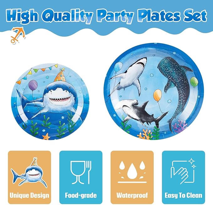 WERNNSAI Shark Birthday Party Decorations - 64PCS Shark Plates Napkins Forks Under the Sea Theme Party Supplies for Kids Boys Summer Baby Shower Birthday Decor Serves 16 Guests