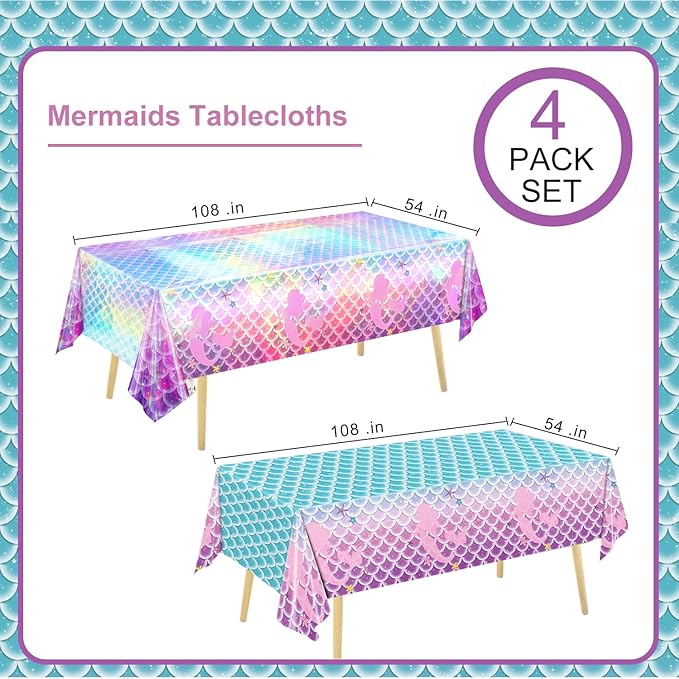 4 Pack Mermaid Tablecloth Mermaids Laser Table Cover for Girls Mermaid Birthday Party Decorations, 108x54 Inch