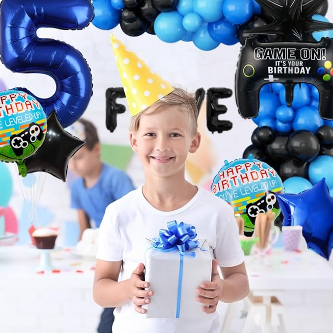 12pcs Video Game Themed Party Decorations, Number 5th Boys Birthday Party Supplies, Navy Blue Video Game Controller Mylar Foil Balloon, Video Game Party Decoration Supplies