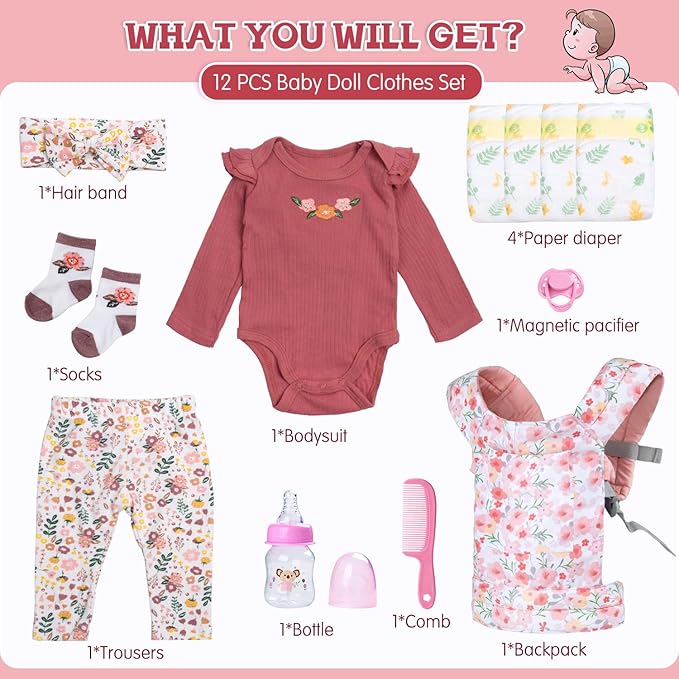 Reborn Baby Doll Clothes 17-20-22 Inch Girl Realistic Outfit Set with Red Romper & Flower Carrier and Soft Diapers 12-Piece Newborn Doll Accessories