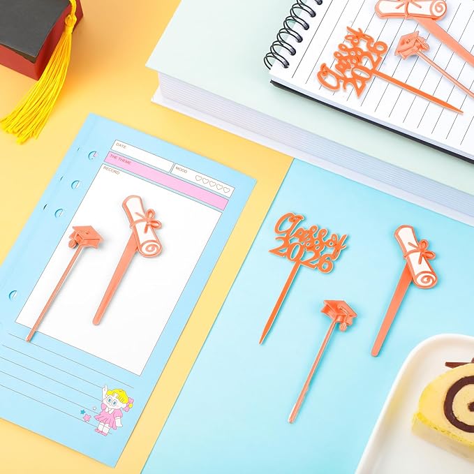 Boao 90 Pieces Class of 2026 Theme Graduation Cake Topper Plastic Cupcake Picks Graduation Cupcake Decorations for Party Supplies and Favors, 3 Styles(Brunt Orange)
