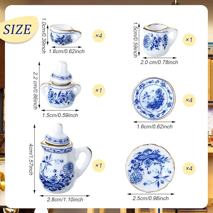 Skylety 37 Pieces 1:12 Scale Miniatures Dollhouse Kitchen Accessories Include 16 Plates Knife Fork Spoon, 6 Egg Beater Utensil, 15 Tea Cup Set(Blue Porcelain)
