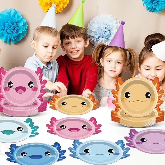 60Pcs Axolotl Shaped Birthday Party Decorations Reptile Animals 7 Inch Dessert Plates Tableware Cartoon Axolotl Dinner Paper Plates Dinnerware for Kids Boys Girls Party Baby Shower Supplies Favors