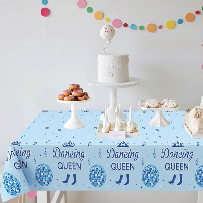 3pcs Dancing Queen Plastic Tablecloth, 54 x 108 Inch Mamma Mia Party Table Cover, 70s Disco Ball Tablecloth for Mamma Mia Bachelorette Party, 17th Blue Birthday Party Decorations