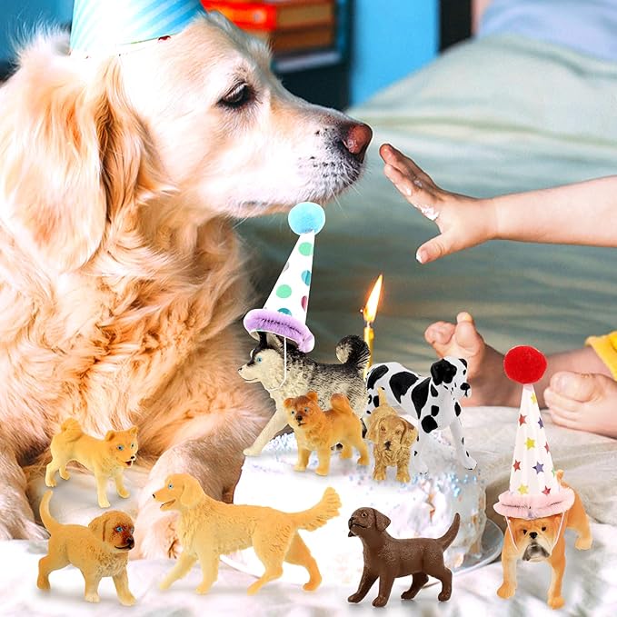 Hooqict 20Pcs Dog Cake Topper Animals Figures with Mini Party Hats Dog Birthday Cake Decorations Cupcake Toppers for Puppy Themed Birthday Party Decorations