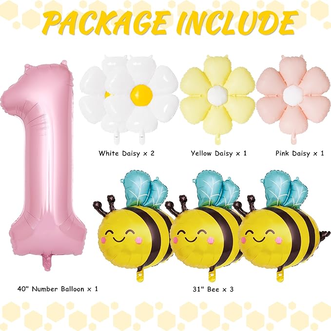 First Bee Day Decorations Girl 8 Pcs First Birthday Decor for Girl with Pink Number 1, Bee and Daisy Foil Balloon, 1st Birthday Decorations Party Supplies