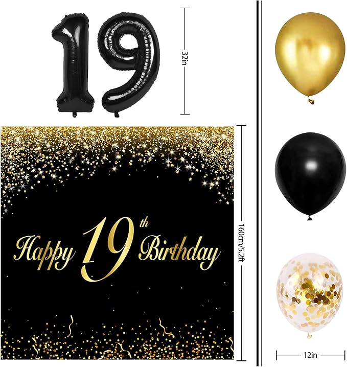 Happy 19th Birthday Balloons Black Set Decor - Cheers to 19 Years Old Party Theme Garland Banner Backdrop Decorations For Women and Men Supplies