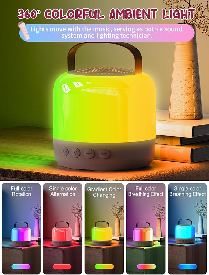 Mini Karaoke Machine for Kids Portable Bluetooth 5.3 Speaker with 2 Wireless Kareokee Microphones, 360° Colorful LED Light Karaoke Toy Gifts for Girls Boys Ages 4-12 Birthday(Peach Pink-2 Mic)