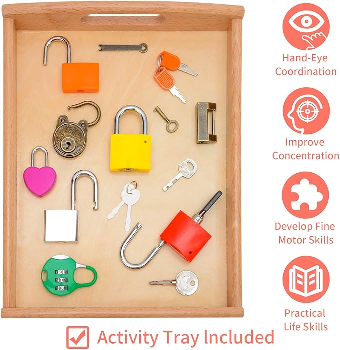 Montessori Lock and Key Set for Toddlers, Homeschool Preschool Learning Activities, Wooden Montessori Materials Learning & Education Toys for 3+ Year Old Kids