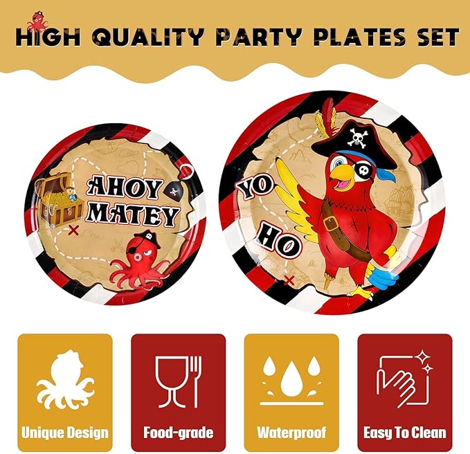 WERNNSAI Pirate Party Supplies - 64PCS Pirate Plates Napkins and Forks Treasure Map Party Decorations Nautical Birthday Plates and Napkins for Kids Boys Baby Shower Favors Serves 16 Guests