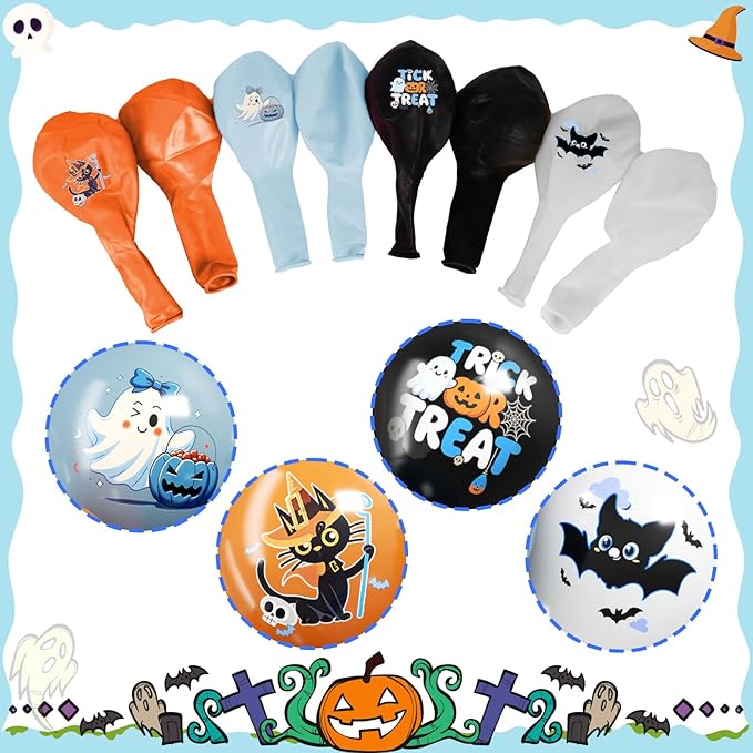 Halloween Party Balloons Decorations,12 Inch Blue and Orange Balloons Set Baby Blue White Print Balloon Cute Balloon for Halloween Themed Party Supplies