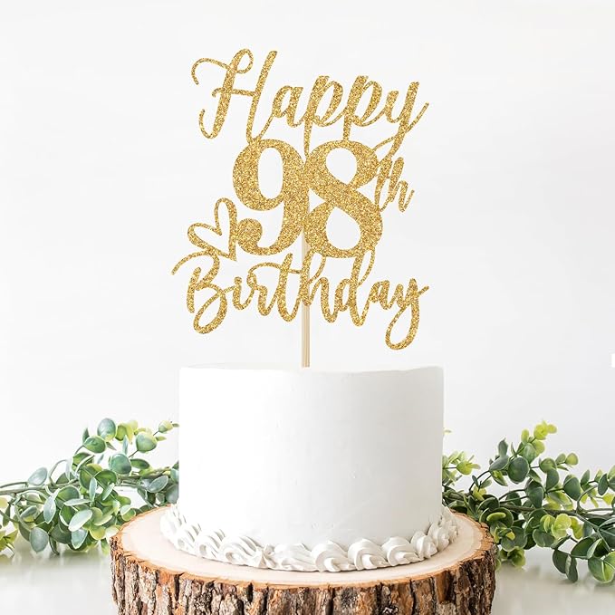 Happy 98th Birthday Cake Topper, 98th Birthday Decorations for Men/Women, Cheers to 98 Years, 98 Fabulous, 98th Happy Birthday Party Supplies Gold Glitter