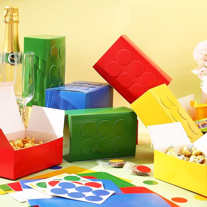 Leinuosen 24 Pieces Building Block Party Favor Boxes 4 Color DIY Brick Theme Gift Goodie Treat Candy Cardboard Paper Box for Building Block Birthday Party Baby Shower Decoration Supplies (Bright)