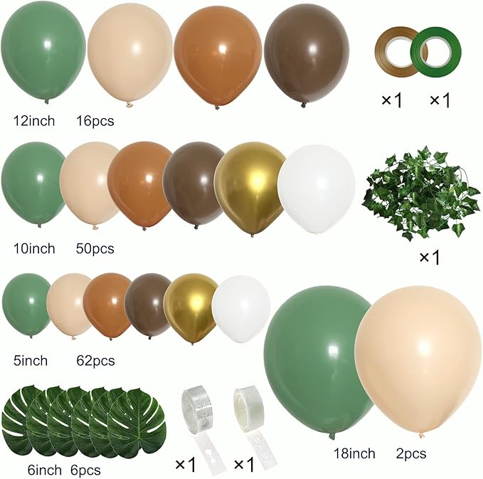 PERPAOL 148PCS Sage Green Brown Balloon Garland Kit, Jungle Safari Woodland Forest Wild One Camper Balloon Arch, Olive Green Gold Coffee Cocoa Balloons for Birthday Wedding Shower Party Decorations